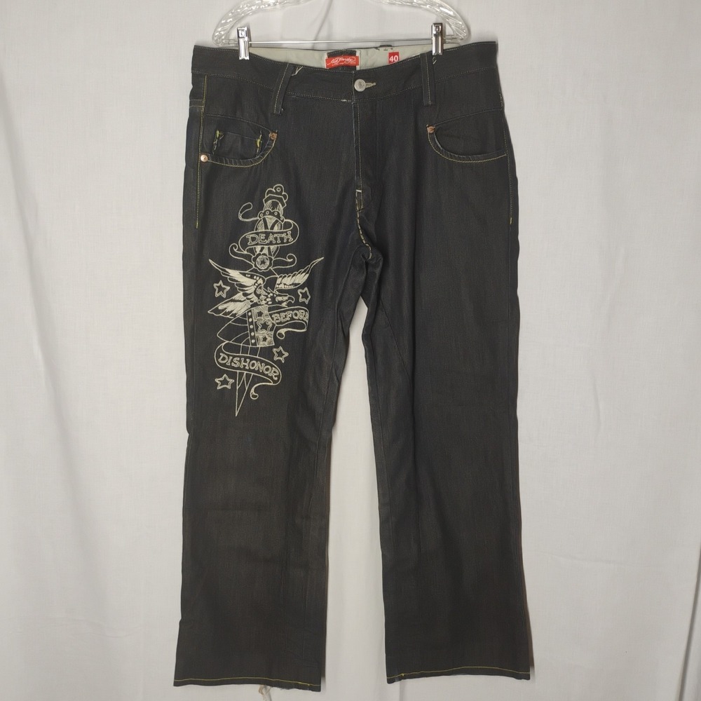 Y2K 2007 Ed Hardy Mens 40‎ x 33 Wide Leg Denim Jeans Death Before Dishonor